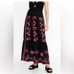NWT Johnny Was Cassia tiered 100% linen maxi skirt palm tree floral embroidery